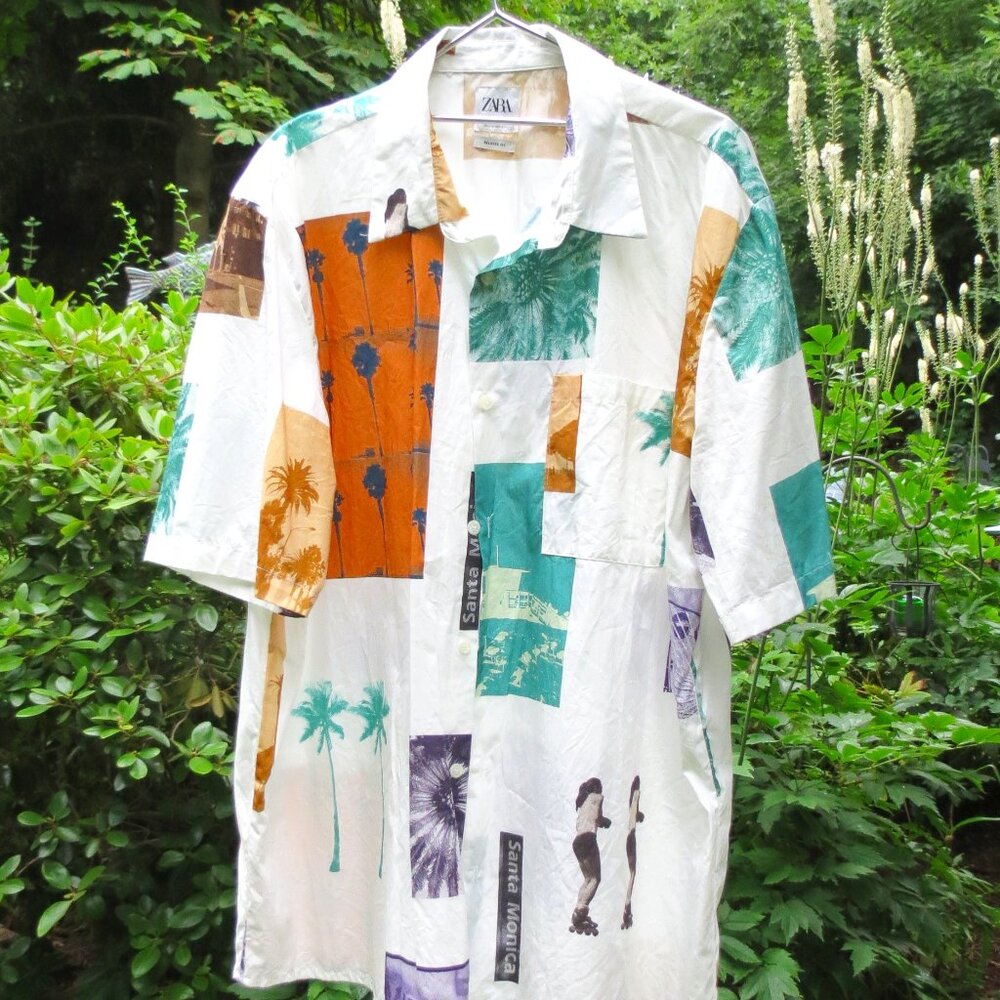 Zara Men's Graphics Shirt Button Size L Pocket Relaxed Fit Photos CA Print